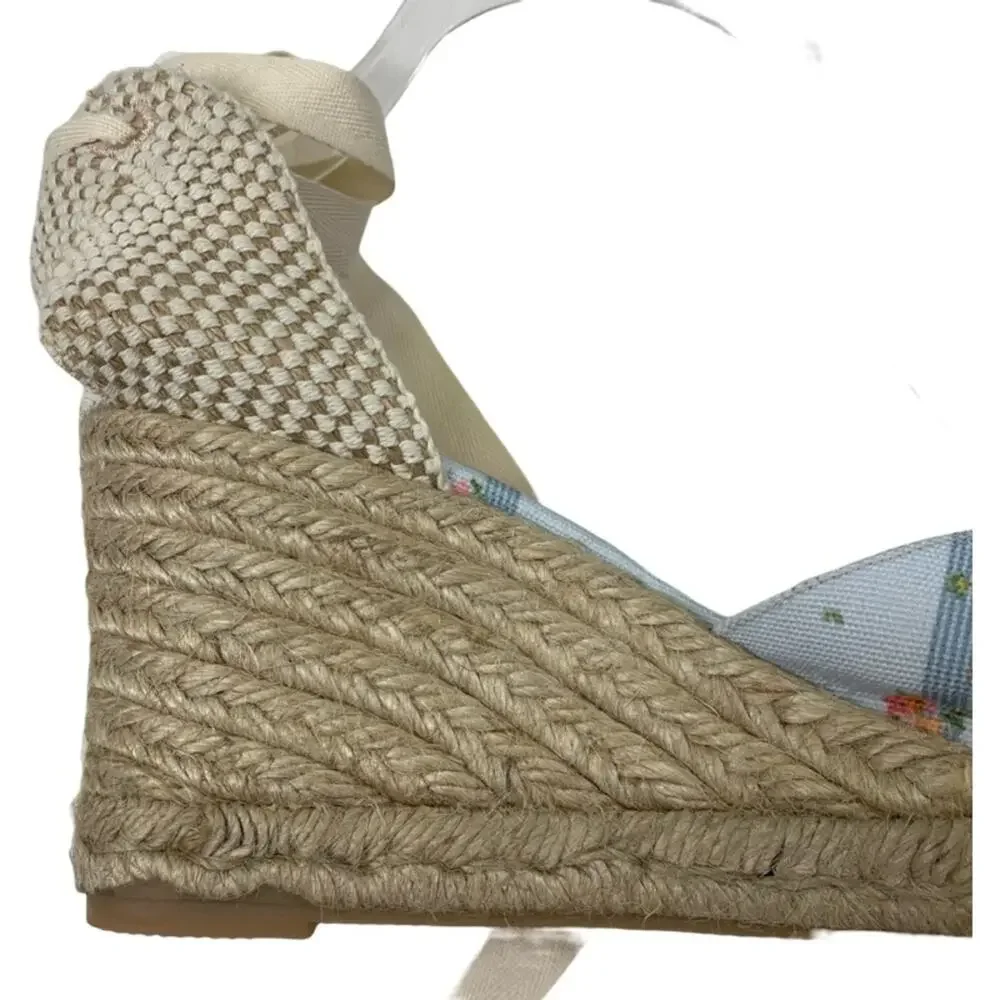 GAL MEETS GLAM x Margaux Blue Stripe Floral Espadrille Wedges Resort Vacay